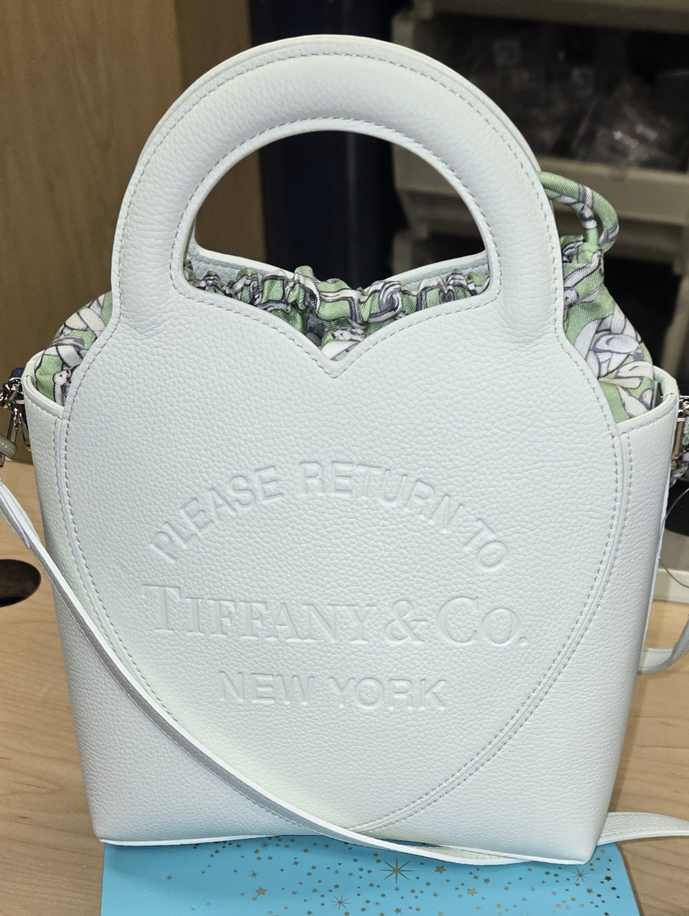 Tiffany & Co. White Heart Crossbody Bag with Green Floral Lining